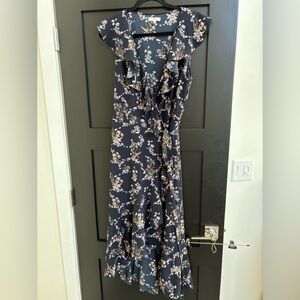 Max Studio Navy Floral Wrap Dress with Tie around Waist